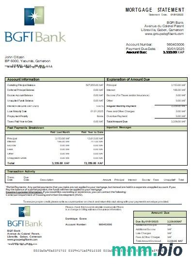 Kamerun Bank BGFI wyciąg z kredytu hipotecznego szablon Word i PDF